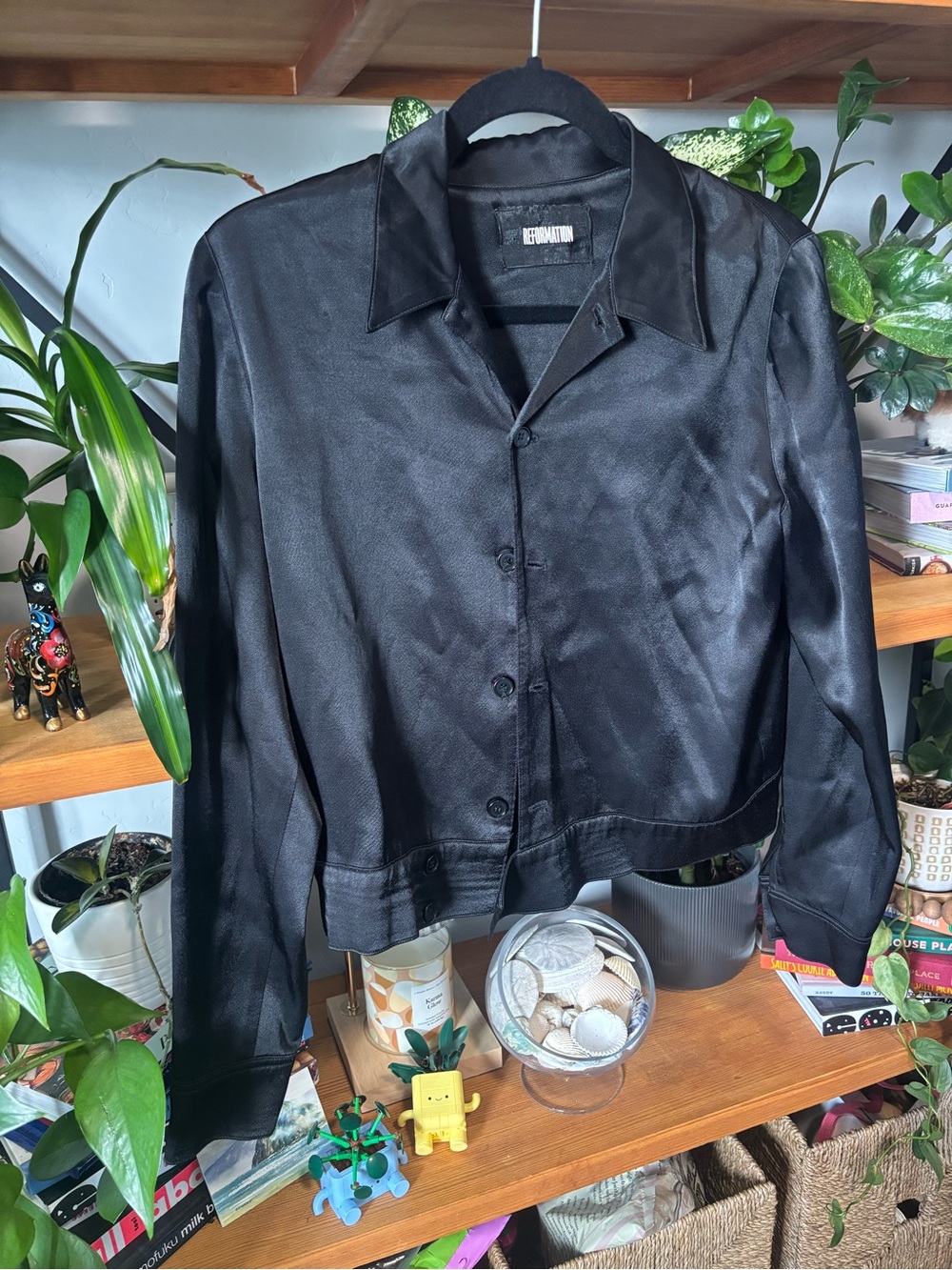 Reformation Black Satin Button-Front Top | Small